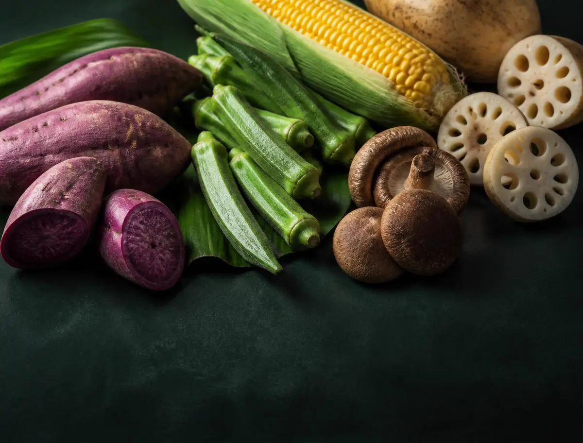 Fresh Vietnamese vegetables: purple sweet potato, okra, sweet corn, lotus root and mushrooms
