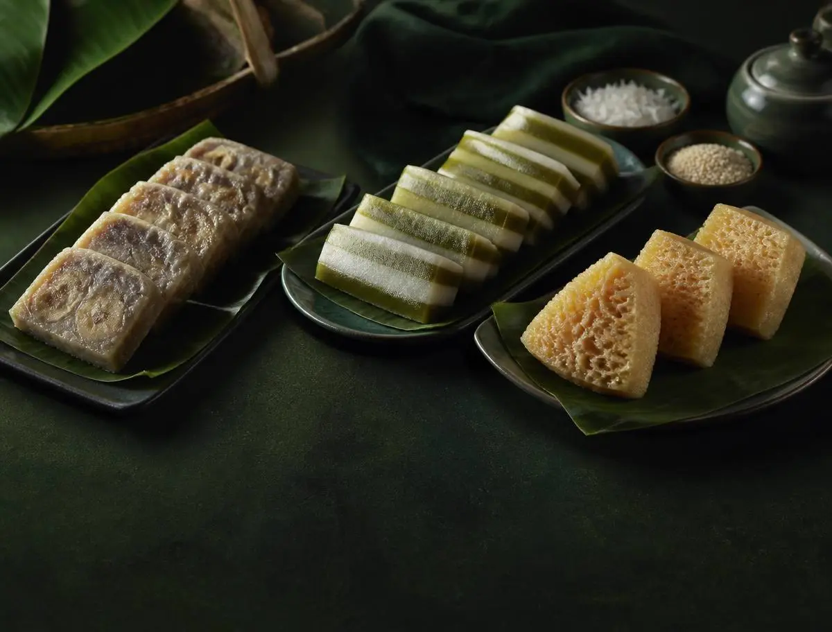 Vietnamese frozen cakes plated on banana leaf
