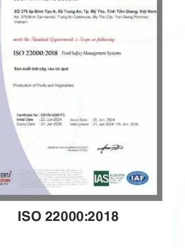 ISO 22000:2018 food safety management certificate issued to Loc Phat Fruits